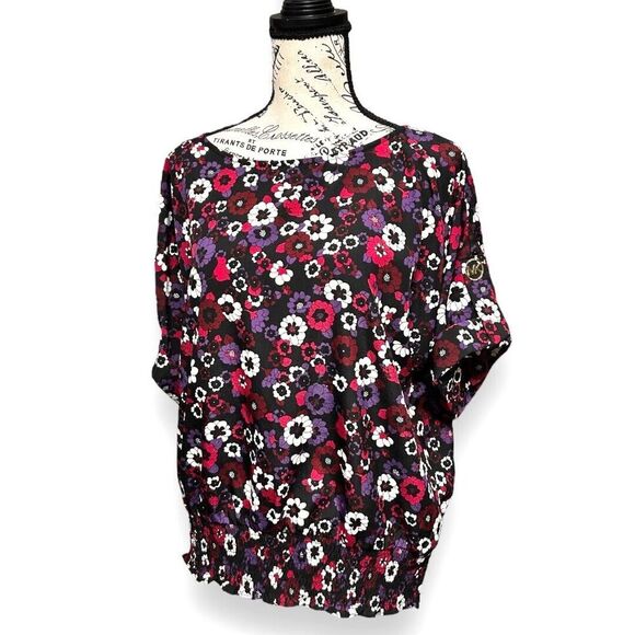 Michael Kors L Azalea Floral Black Blouse Roll Tab Sleeve Gold Button Retro Boho - Picture 3 of 11